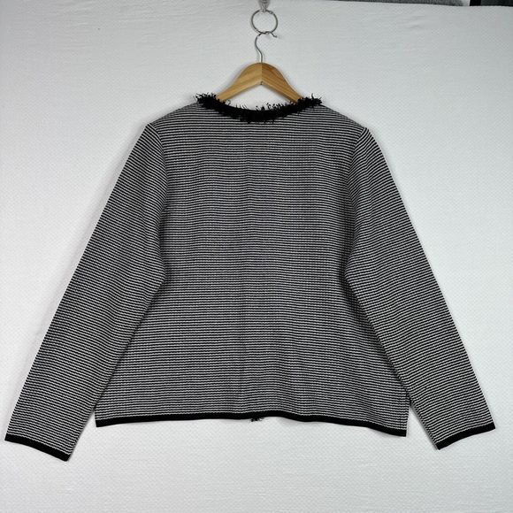Exclusively Misook Fringe Trim Cardigan Jacket Black White‎ Knit Career Classic - Picture 6 of 11